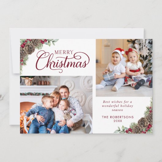 Elegant Script Pine Cones 2 Foto Kerstmis Feestdagenkaart (Voorkant)