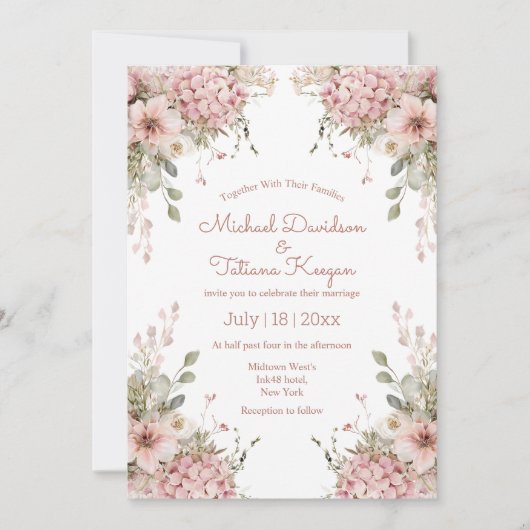 elegant script pink floral garden modern wedding kaart (Voorkant)