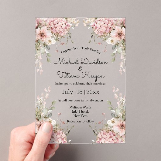 elegant script pink floral minimal chic wedding acryl uitnodigingen (Insitu (Draagbaar))