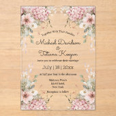 elegant script pink floral minimal chic wedding acryl uitnodigingen (Voorkant)