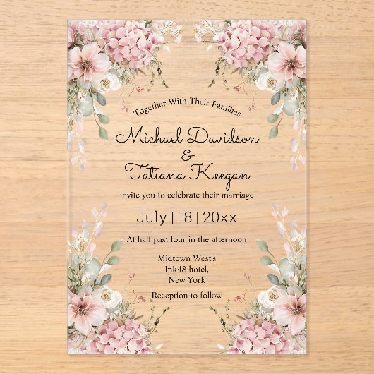 elegant script pink floral minimal chic wedding acryl uitnodigingen (Voorkant)