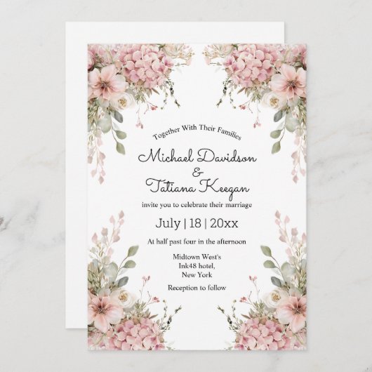 elegant script pink floral minimal modern wedding kaart (Voorkant / Achterkant)