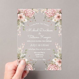 elegant script pink floral minimal wedding acryl uitnodigingen