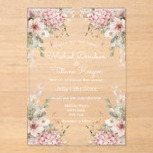 elegant script pink floral minimal wedding acryl uitnodigingen (Voorkant)