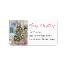 Elegant Script Pink Tree Non Photo Christmas Etiket
