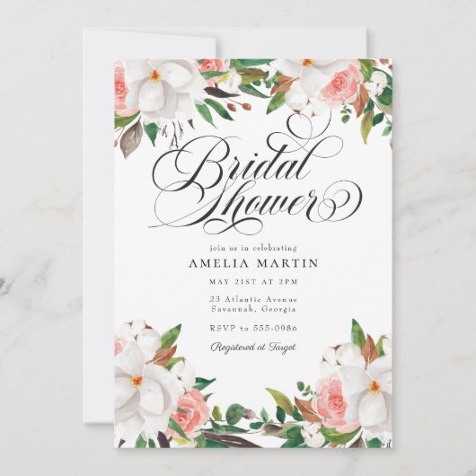 Elegant Script Pink White Floral Bridal Shower Kaart (Voorkant)