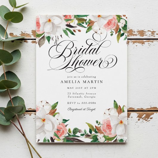 Elegant Script Pink White Floral Bridal Shower Kaart