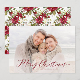 Elegant Script Poinsettias | kerstfoto Feestdagenkaart