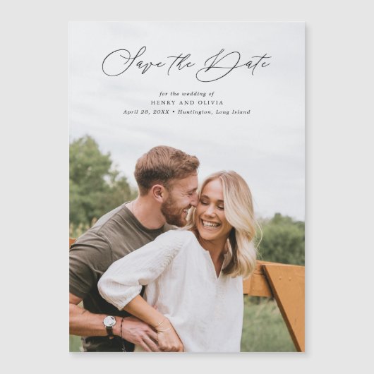 Elegant Script Portrait Photo Sla de datummagneet Magnetische Uitnodiging (Voorkant)