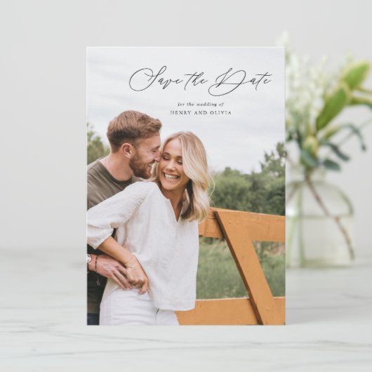 Elegant Script Portret met foto op de achterkant Save The Date (Staand voorkant)