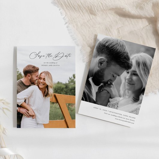 Elegant Script Portret met foto op de achterkant Save The Date