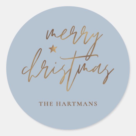 Elegant Script Prettig Kerstfeest Gouden Ster Blau Ronde Sticker (Voorkant)