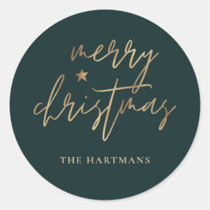 Elegant Script Prettig Kerstfeest Gouden Ster Donk Ronde Sticker