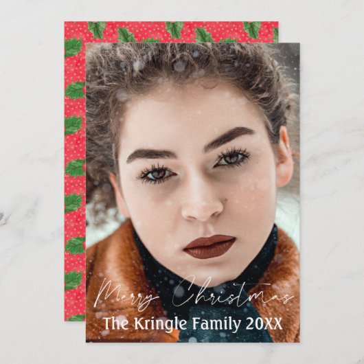 Elegant Script Prettig Kerstfeest Hulst Bessen Feestdagenkaart (Voorkant / Achterkant)