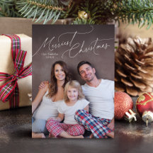 Elegant Script Prettig Kerstmis Familie Foto Vakan
