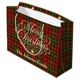 Elegant Script Prettig Kerstmis Familie Naam Plaid Groot Cadeauzakje