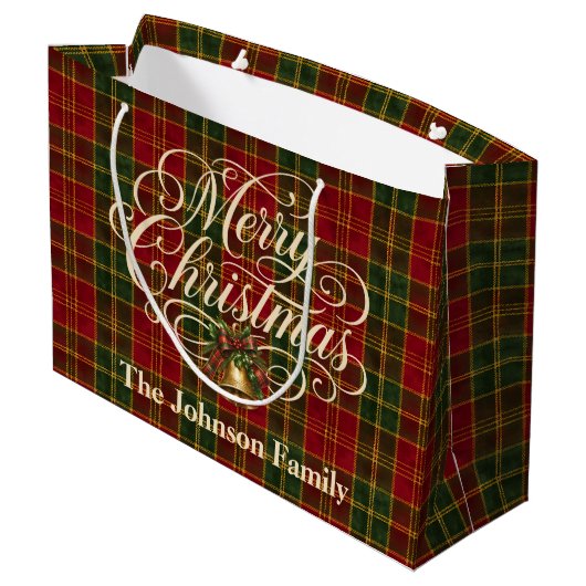 Elegant Script Prettig Kerstmis Familie Naam Plaid Groot Cadeauzakje (Achterkant Gekanteld)
