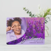 Elegant Script Purple Flowers | Modern Photo Afstu Aankondiging (Staand voorkant)