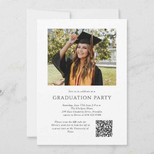 Elegant Script QR Code Foto Graduation Party Kaart (Achterkant)