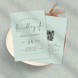 Elegant Script QR Code Mint Green Wedding Kaart
