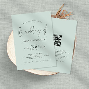 Elegant Script QR Code Mint Green Wedding Kaart