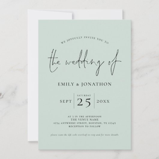 Elegant Script QR Code Mint Green Wedding Kaart (Voorkant)