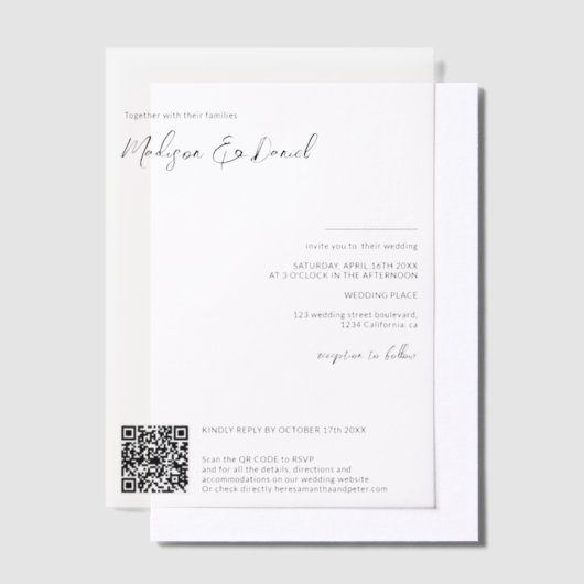 Elegant script QR-code moderne chique bruiloft Vellum Uitnodigingen (Offset)