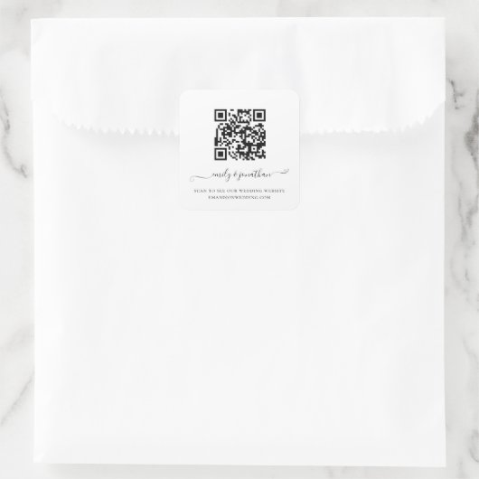 Elegant Script QR Code Weddenschap Website Vierkante Sticker (Tas)