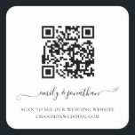 Elegant Script QR Code Weddenschap Website Vierkante Sticker<br><div class="desc">Website van het Elegant Manuscript QR Code Wedding. Een elegant manuscript met swashes voor uw namen. De tekst kan gemakkelijk worden gepersonaliseerd. Verander eenvoudig de steekproef URL in de sjabloon met uw eigen URL van uw gekozen pagina van uw trouwwebsite en uw code QR zal automatisch worden geproduceerd om de...</div>
