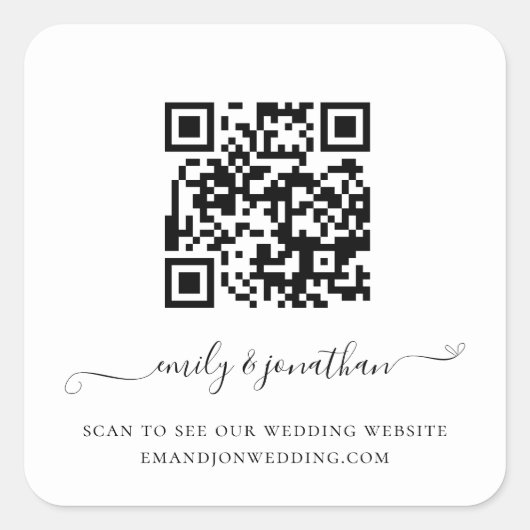 Elegant Script QR Code Weddenschap Website Vierkante Sticker (Voorkant)