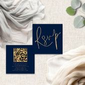 Elegant Script QR Marine Goud Bruiloft RSVP Informatiekaartje