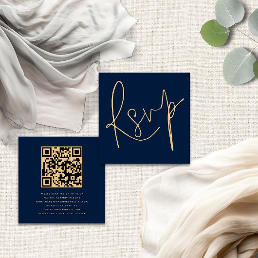 Elegant Script QR Marine Goud Bruiloft RSVP Informatiekaartje