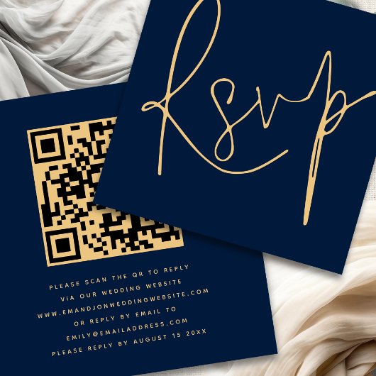 Elegant Script QR Marine Goud Bruiloft RSVP Informatiekaartje