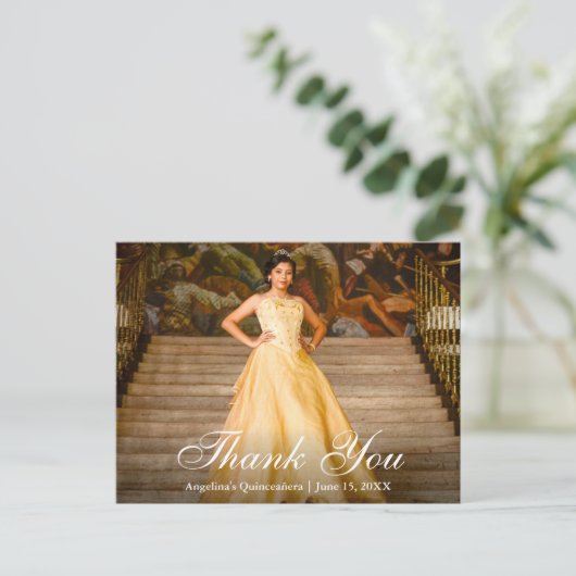 Elegant Script Quinceañera Foto bedankt Briefkaart (Staand voorkant)