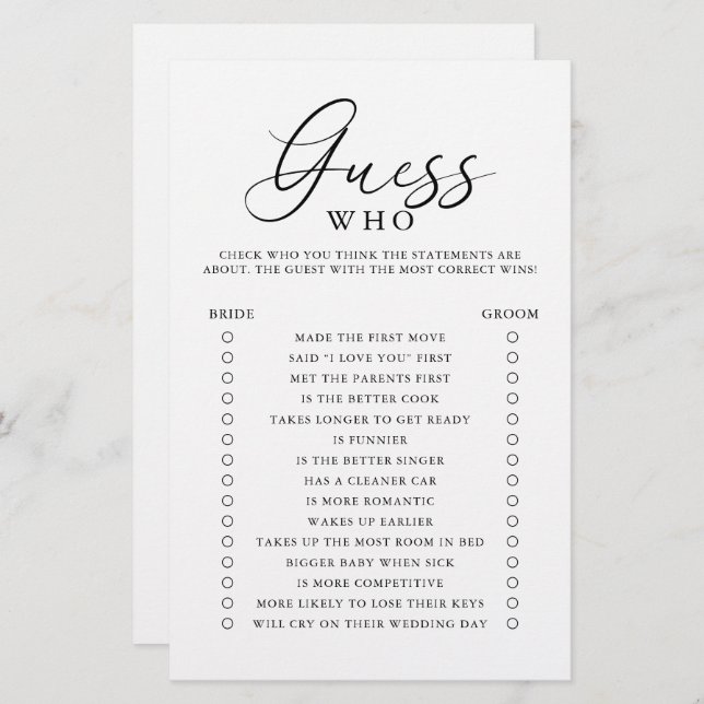 Elegant script raden wie Vrijgezellenfeest spel (Voorkant / Achterkant)