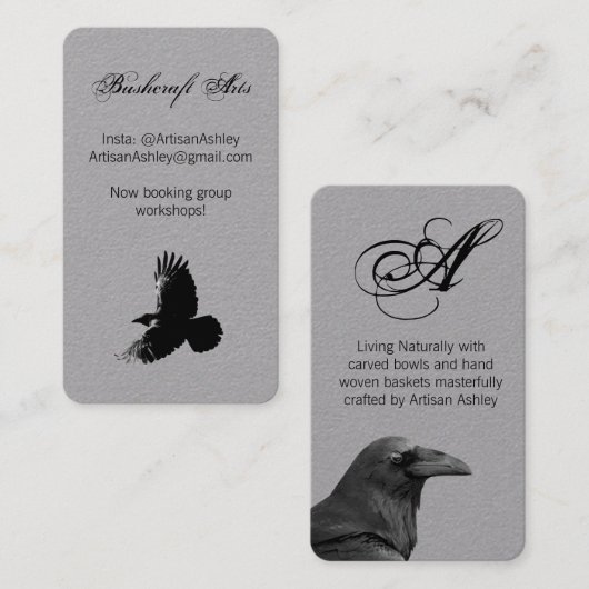 Elegant script Raven Crow Bird Artist Monogram Visitekaartje (Voorkant / Achterkant)