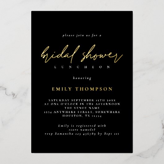 Elegant Script Real Gold Foil Black Vrijgezellenfe Folie Uitnodiging (Voorkant)