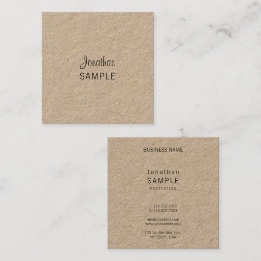 Elegant Script Real Kraft Paper Kunstmatige Unieke Vierkante Visitekaartje (Voorkant / Achterkant)