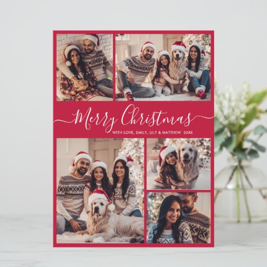 Elegant Script Red 5 Fotocollage Kerstmis Feestdagenkaart (Staand voorkant)