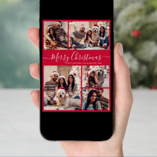 Elegant Script Red 5 Fotocollage Kerstmis Feestdagenkaart