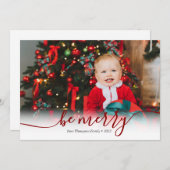 Elegant Script Red be Merry Photo met kerst Feestdagenkaart (Voorkant / Achterkant)
