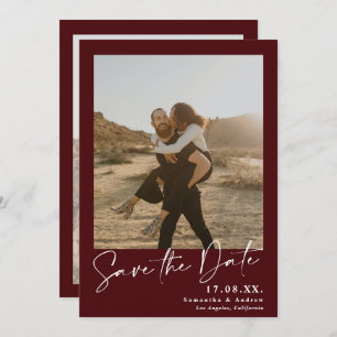 Elegant script red burgundy 2 foto's slaat de datu save the date