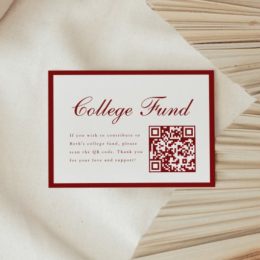 Elegant Script Red College Fund QR Code Graduation Informatiekaartje