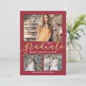 Elegant Script Red Gold 3-foto Collage Afstuderen Aankondiging (Staand voorkant)