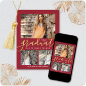 Elegant Script Red Gold 3-foto Collage Afstuderen Aankondiging