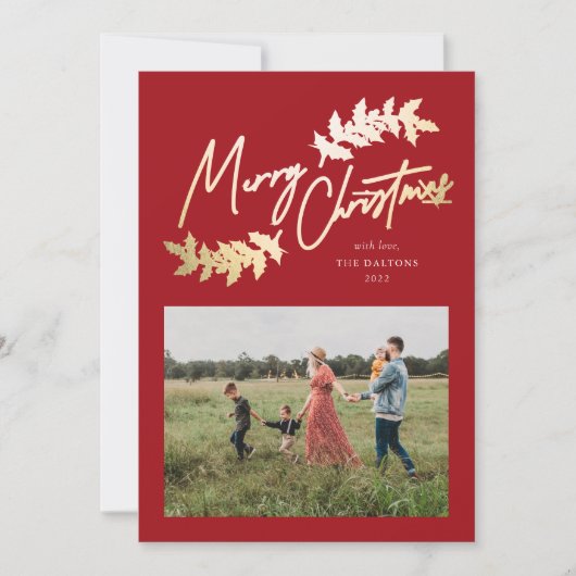 Elegant Script Red Gold Branches 2 FotoKerstmis Feestdagenkaart (Voorkant)