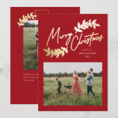 Elegant Script Red Gold Branches 2 FotoKerstmis Feestdagenkaart (Voorkant / Achterkant)