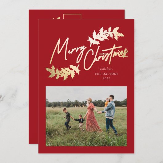 Elegant Script Red Gold Branches 2 FotoKerstmis Feestdagenkaart (Voorkant / Achterkant)
