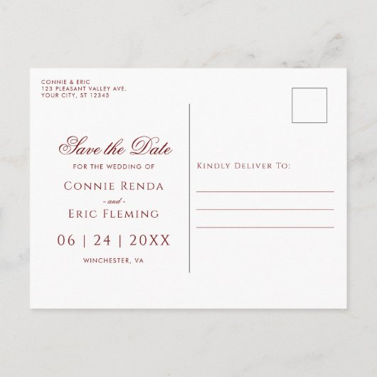 Elegant Script Red Gold Floral slaat de datum op Aankondigingskaart (Achterkant)