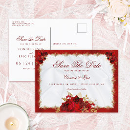 Elegant Script Red Gold Floral slaat de datum op Aankondigingskaart
